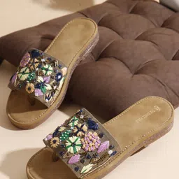 THE WHITE POLE Women Elegant Embroidered Open Toe Flats with Western - Embellished-image-98