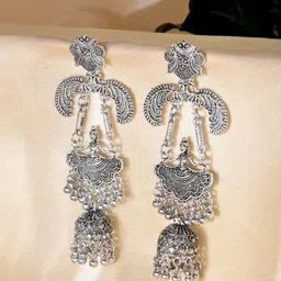 Sangria Stainless Steel Silver-Plated Artificial Beads Beaded Oxidized Dome Shaped Jhumkas-31