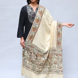 Exotic India Khadi Cotton Madhubani Art Shawl with Printed Palanquin And Peacocks Border-picture-48