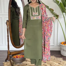 Ekta Textiles Women Floral Embroidered Regular Thread Work Chanderi Silk Kurta with Trousers & With Dupatta-18