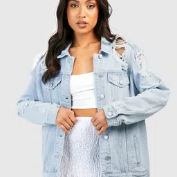 Boohoo Petite Distressed Oversized Denim Jacket-11