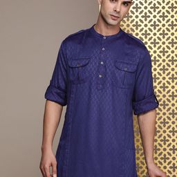 House of Pataudi Woven Design Band Collar Rozana Pathani Kurta-image-66