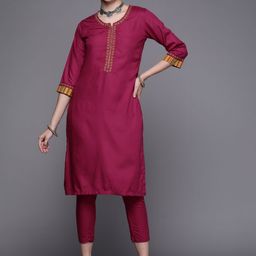 Biba Women Magenta Yoke Design Thread Work Kurta with Trousers-picture-6