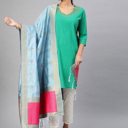 MIMOSA Blue & Gold-Toned Woven Design Dupatta-44