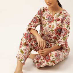 ETC Women Off White & Red Pure Cotton Jaipuri Print Pyjama Set-9
