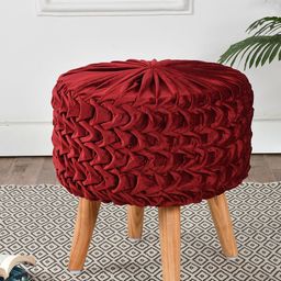 RIANCE CREATIONS Maroon Round Wooden Velvet Ottomans-image-57