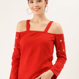 Belle Fille Women Red Solid Cold-Shoulder Sweatshirt-image-13