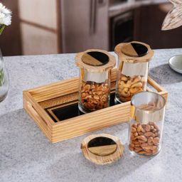 Troveas Transparent Glass Noir & Gold Jar Tray Set with Wooden Lids-26
