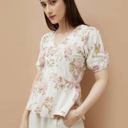 Code By Lifestyle Beige Cotton Regular Fit Floral Print Top-picture-6