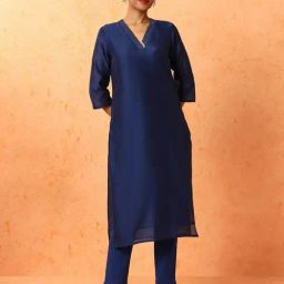 Jaipur Kurti Navy Blue Chanderi Silk Solid Kurta-13