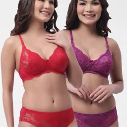 Gracit Red & Purple Lace Non-Padded Wireless Bra & Panty Set - Pack of 2-29