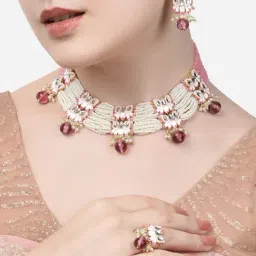 Zaveri Pearls Pink Enamel Lotus Design Multistrand Choker Necklace Earring Ring Set-ZPFK14693-image-43