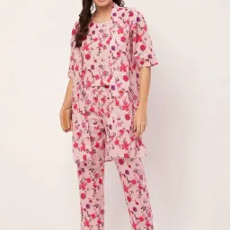 Moomaya Pink Cotton Floral Print Top With Pyjamas & Shrug-image-8