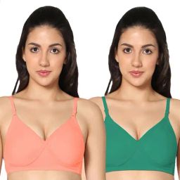 IN CARE Green & Peach Full Coverage Non-Wired T-Shirt Bra - Pack of 2-image-100