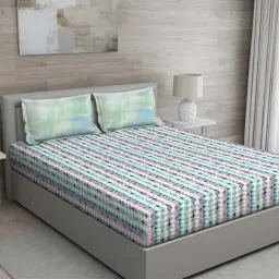 GM 'Matthiola' Green & Blue Cotton 150 TC Double Bedsheet with 2 Pillow Covers-image-43