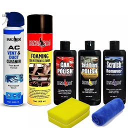 Kangaroo 200 ml Each Car Polish + Dashboard Polish + Scratch Remover Polish Bottles +Foaming Car Interior Cleaner Spray 500 ml + Car AC Vent & Duct Cleaner 400 ml with 2 Sponge and 1 Microfiber Towel Car Cleaning Kit(Set of 8)-0