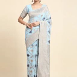 JUST FASHION Sky Blue Linen Woven Saree With Unstitched Blouse-23
