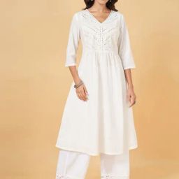 Rangmanch by Pantaloons White Cotton Embroidered A Line Kurta-image-1