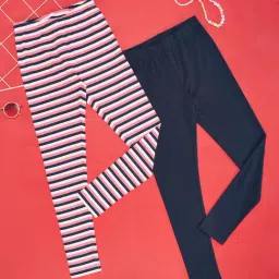 YU by Pantaloons Kids Navy & Pink Cotton Striped Leggings (Pack of 2)-image-59