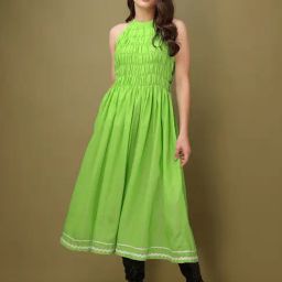 PURVAJA Green Cotton Blend Solid Dress-picture-24