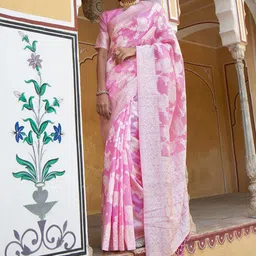 KALINI Women Pink Linen Blend Woven Ethnic Motifs Saree with Unstitched Blouse Piece-30