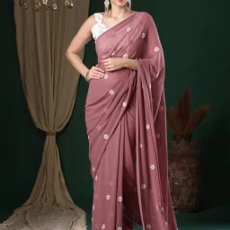 Saree Mall Gold Embroidered Sarees With Unstitched Blouse-image-12