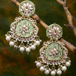 Zeneme Gold Plated Kundan & Sea Green Pearls Studded Round Mirror Dangler Earrings-image-99