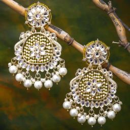 Zeneme Gold Plated Kundan & Yellow Pearls Studded Round Mirror Dangler Earrings-13