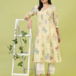 W Yellow Cotton Floral Kurta-41