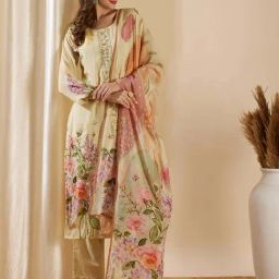 Fashor Cream Embroidered Kurta & Pant Set With Dupatta-picture-1