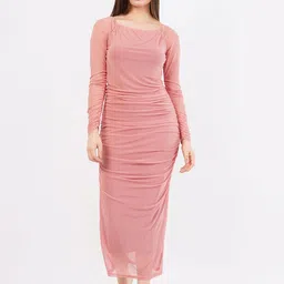 Deshi Girl Women Boat Neck Ruched Bodycon Net Maxi Dress-picture-1
