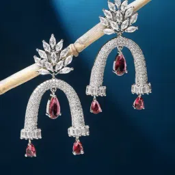 Zeneme Rhodium Plated AD Crystal Quirky Cluster Drop Earrings-image-25