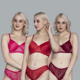 FIMS Red & Maroon Lace Work Bra Panty Sets - Pack Of 3-image-61