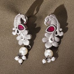 JAYPORE Artificial Stones Studded And Pearls Beaded Contemporary Drop Earrings-5