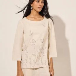 Utsa by Westside Off-White Kantha Stitch Cotton Blend Tunic-image-27