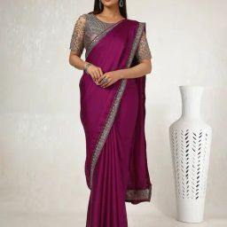 Soch Wine Crepe Embroidery Saree with Unstitched Blouse-image-26