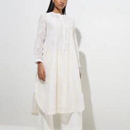 Zuba by Westside White Floral Embroidered A-Line Cotton-Blend Kurta-16