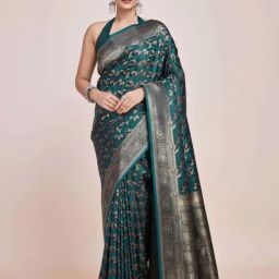 Monjolika Fashion Teal Blue Woven Saree With Unstitched Blouse-image-44