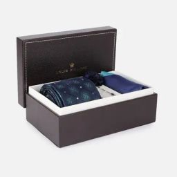 Louis Philippe Blue Embroidered Tie Pocket Square and Flower-image-67