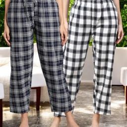 Kryptic White & Navy Blue Cotton Relaxed Fit Printed Lounge Pants - Pack of 2-image-3
