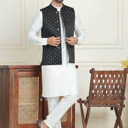Anouk White Band Collar Straight Kurta With Trousers And Nehru Jacket-picture-21