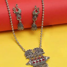 OOMPH Oxidized Silver Look Alike Maroon Stone Peacock Long Necklace Set with Drop Earrings-8