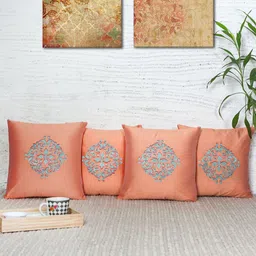 ZEBA Orange & Blue Set of 4 Ethnic Motifs Square Cushion Covers-8