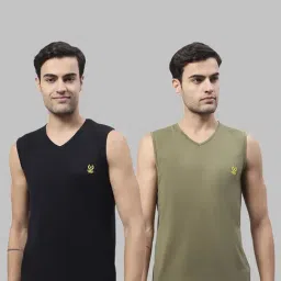 Vimal Jonney Black & Olive Sleeveless Lounge T-Shirt - Pack of 2-image-48
