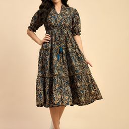 Krunal Raiyani Women Ethnic Motifs Print Puff Sleeve A-Line Midi Dress-picture-10