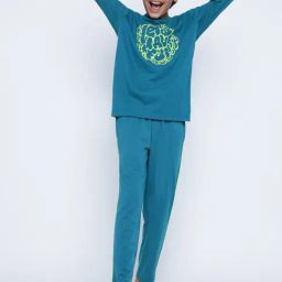 Lil Tomatoes Kids Teal Printed Full Sleeves T-Shirt with Pyjamas-image-9