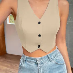 AAHWAN Women Solid Front Buttons Crop Top-18