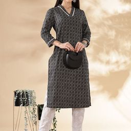 Anouk Black Geometric Printed Thread Work V-Neck Straight Kurta-1