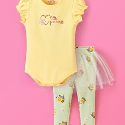Babyoye Eco Conscious Cotton with Eco-Jiva Finish Short Sleeves Onesies With Leggings Fairy Bee Print - Yellow-image-1