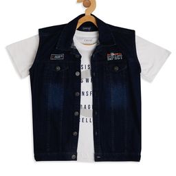CAVIO Sleeveless Solid Shirt With Text Printed Tee - Navy Blue-image-54